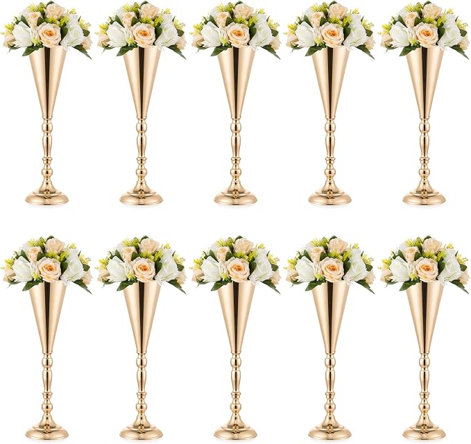Gold Vase Centerpiece Table Decorations - 10 Pcs Metal Tabletop Flower Stand, Wedding Decorations for Reception, 16.5in Trumpet Tall Flower Vase for Birthday, Weddings, Anniversary, Home Decor