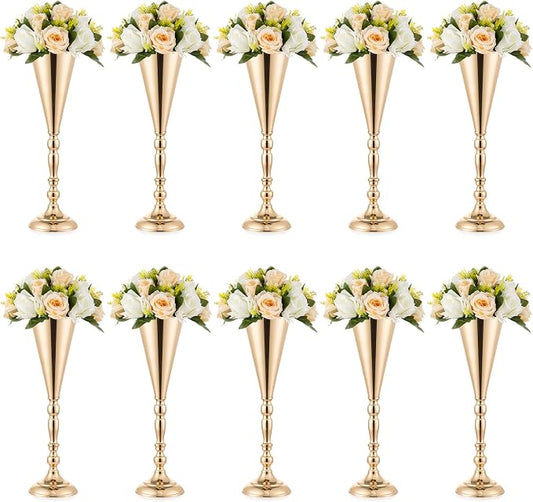 Gold Vase Centerpiece Table Decorations - 10 Pcs Metal Tabletop Flower Stand, Wedding Decorations for Reception, 16.5in Trumpet Tall Flower Vase for Birthday, Weddings, Anniversary, Home Decor