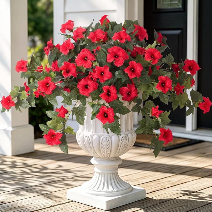 Ammyoo 2PCS Artificial Petunias Flowers Fake Plants for Outdoor Decoration | UV Resistant Faux Silk Flower No Fade for Outside Home Garden Balcony Yard Porch Window Box Realistic Indoor Decor(Red)