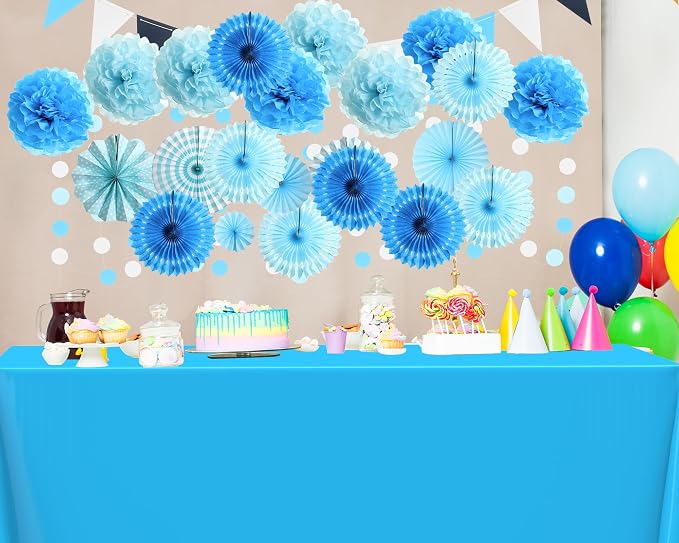 Fullhawl 27 Pcs Navy Blue Party Decoration, 6 Pcs Disposable Tablecloth 21 Pcs Hanging Paper Fans, Pom Poms Flowers, Garland String Polka Dot and Triangle Flag Set for Birthday, Wedding