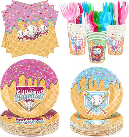 FoldTier 350 Pcs Baseball Ice Cream Dripping Birthday Party Decorations Set Ice Cream Paper Plates Napkins Fork Set Disposable Fairy Tableware Decorations Supplies for Baby Shower Dinner Serves 50