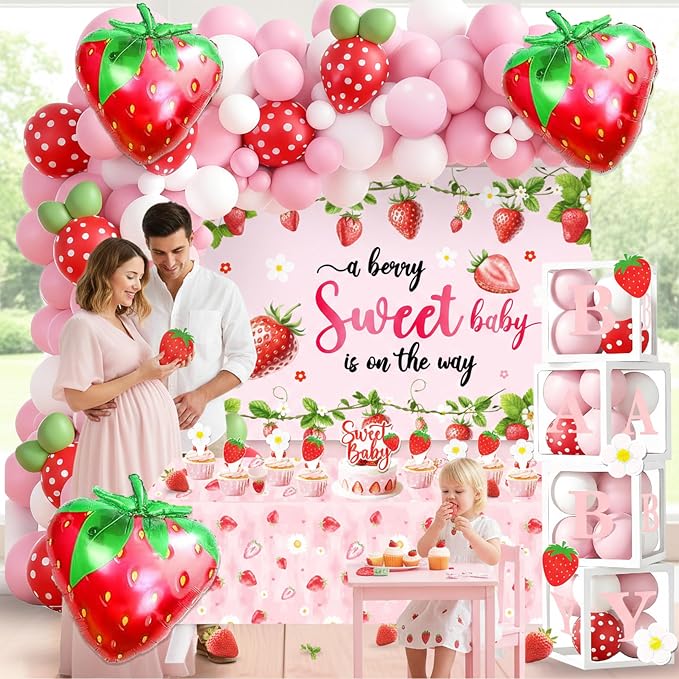 96Pcs Strawberry Baby Shower Decorations for Girl, Berry Sweet Theme Party Supplies with 4 Baby Boxes, 5x3ft Backdrop, Red Pink Balloon Garland Arch & Tablecloth for Summer Fruit Decor