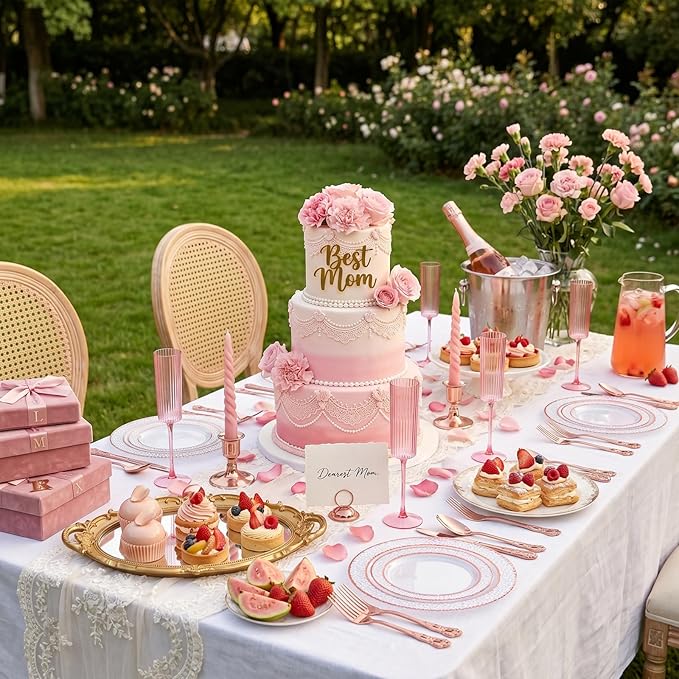 102PCS Rose Gold Plastic Plates - Clear Rose Gold Disposable Plates - Elegant Hammered Plate Include 51PCS 7.5inch Dessert & 51PCS 10.25inch Dinner Plate for Wedding Party Mother’s Day