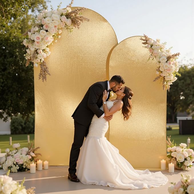 Gold Shimmer Arch Backdrop Cover Set of 2 (6 7.2FT) with Zipper,Thick Soft Stretchy Sequin Glitter Spandex Fitted Chiara Cover for Wedding Birthday Baby Shower Graduation Party Photo Backdrop