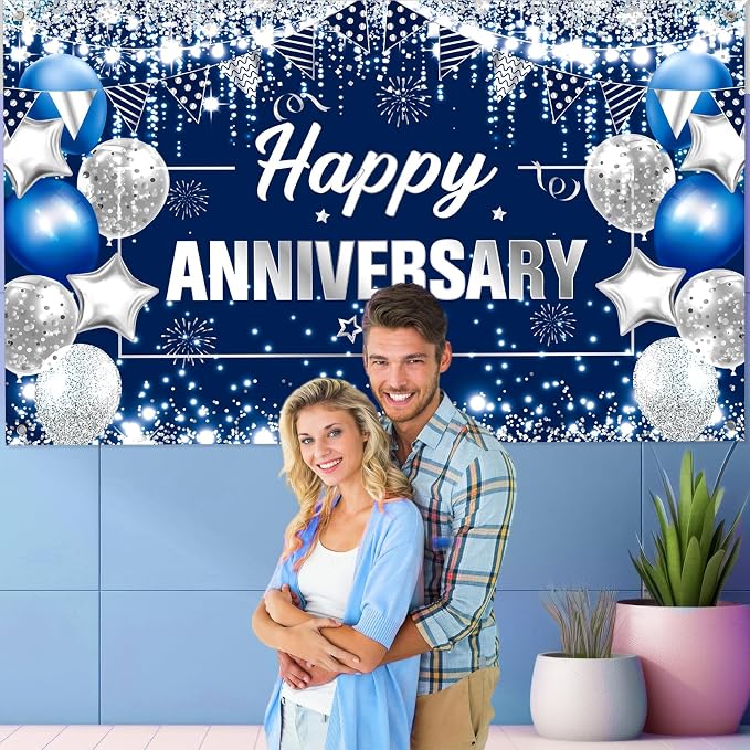 Happy Anniversary Decorations Kit Blue Silver Happy Anniversary Banner Honeycomb Centerpieces Hanging Swirls Tissue Paper Pompoms Set for Men Women Couple Wedding Anniversary Party Supplies Decor