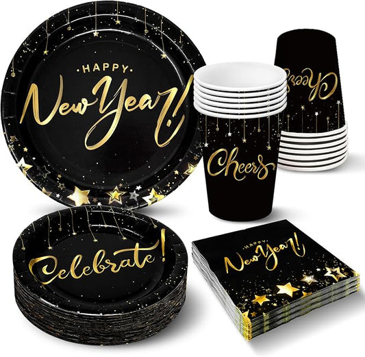 KatchOn, Happy New Year Plates and Napkins Set - Serves 16 Guests | New Years Eve Party Supplies 2026 | Happy New Year Decorations 2026 | Disposable Dinnerware Set | Nye Decorations 2026