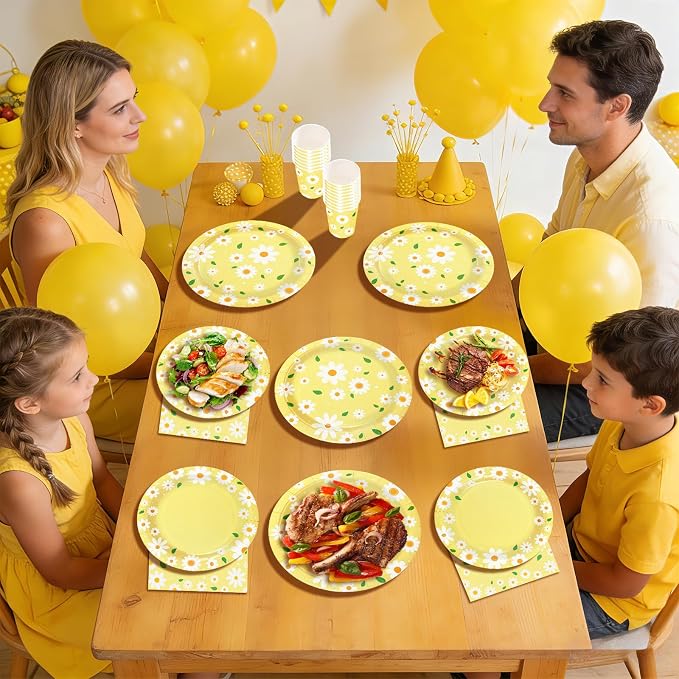 168Pcs Daisy Birthday Decoration Yellow Daisy Plates and Napkins Spring Summer Yellow Flower Tableware Set for Birthday Baby Shower Bridal Shower Wedding Party Supplies, Serves 24