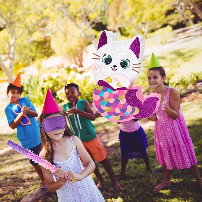 WERNNSAI Cat Piñata - Kitten Mermaid Birthday Party Decorations Kids Mermaid Piñata with Blindfold and Bat for Girls Summer Under the Sea Birthday Party Supplies Game Set