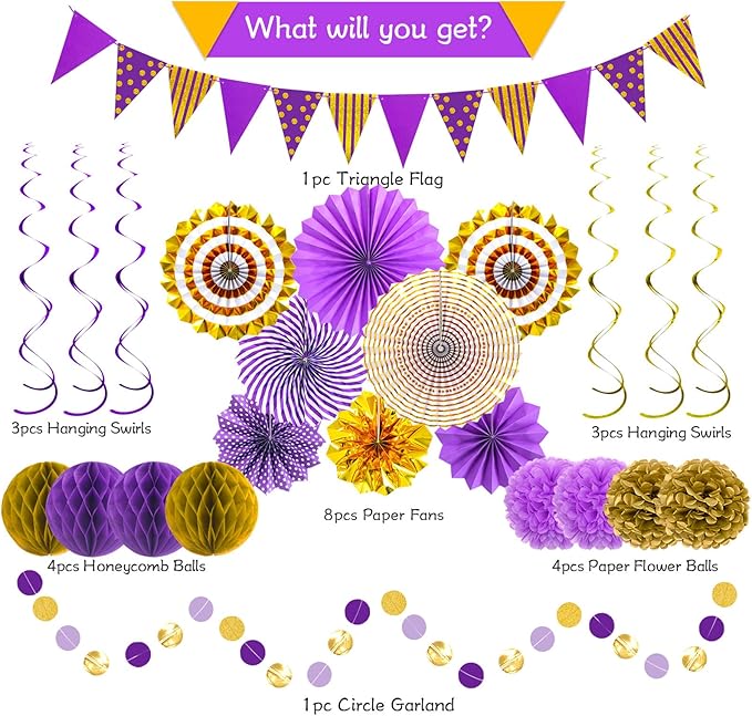 Purple Gold Party Decorations, Graduation Season Hanging Glitter Triangle Flags Banner Paper Fan Tissue Pom Poms Garlands, Women Girl Party, Bridal Shower, Purple Themed Birthday