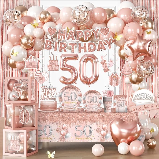 cocomigo 241pcs Rose Gold Happy 50th Birthday Decorations With Crown and Sash, Balloon, Rain Curtains, Plates and Napkins, Service 25 Guests, For Women's 50th Birthday Party