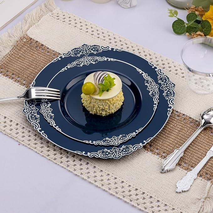 Bestluck 175PCS Navy Blue Plastic Plates for 25 Guests, Disposable Plates with Silver Trim include 25 Dinner and Dessert Plates, 75 Gold Silverware, 25 Cups, 25 Napkins for Party, Wedding & Graduation