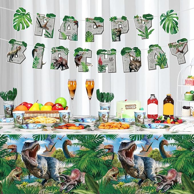 Tatuo 172 Pcs Dinosaur Birthday Party Supplies Dinosaur Theme Party Decorations for Dino Tablecloth Happy Birthday Banner Knife Fork Spoon Plate Napkin Cup Tableware Supplies Serve 24