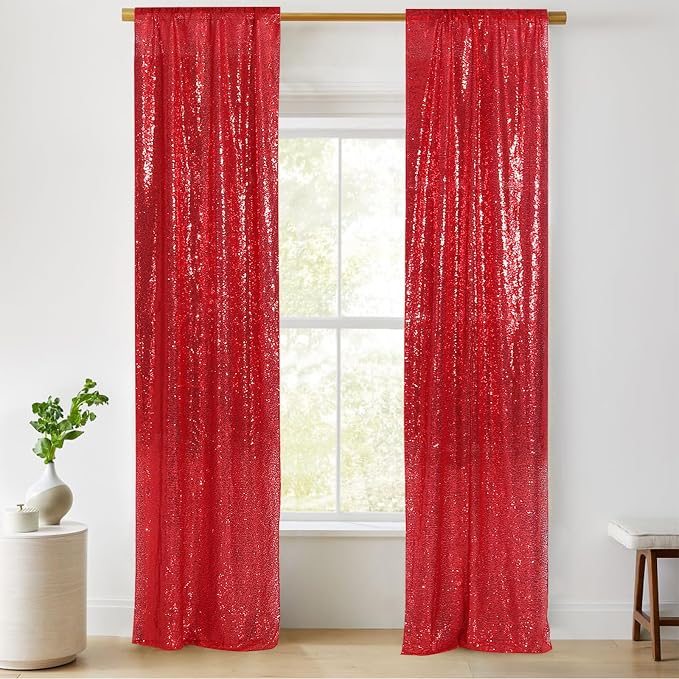 PartyDelight Red Sequin Backdrop Curtains 2x8ft 2 Panels | 3mm stitched sequin curtain with 4 inch rod pocket for 2x8ft 2 panel doorway window side drape narrow photo booth strip