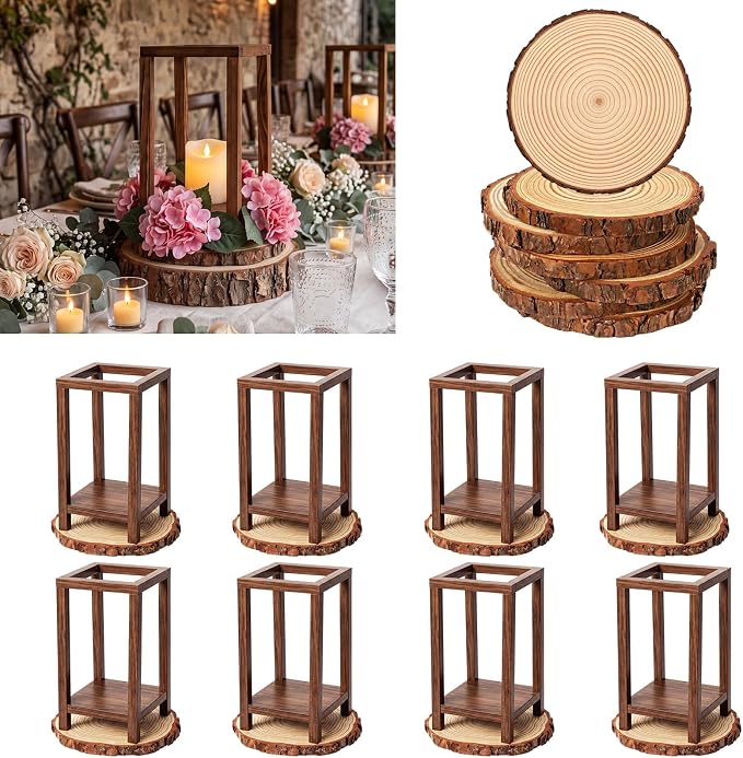 Leinuosen 12 Set Wooden Wedding Lantern Centerpiece Baptism Wooden Lantern Candle Holder and Wood Slices, Rustic Decorative Home Centerpiece for Wedding Table Party Farmhouse Country Decor
