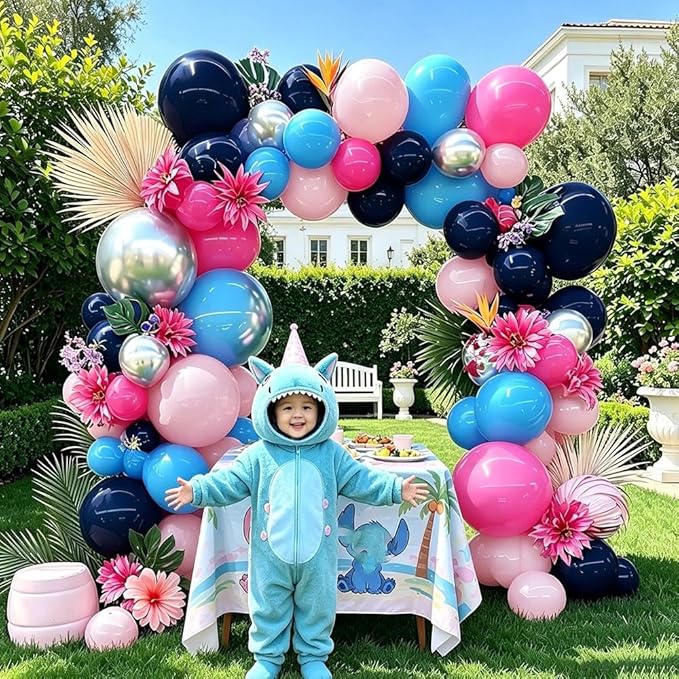 Navy Blue Pink Balloon Garland Double Stuffed Dark Blue Hot Pink Silver Balloons Royal Pastel Balloon Arch Kit for Birthday Gender Reveal Baby Shower Graduation Tropical Hawaii Party Decorations