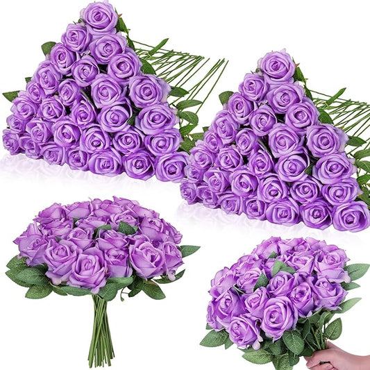 80 Pcs Roses Artificial Flowers, Silk Light Purple Artificial Flowers Petals Long Stem Roses for Wedding Bouquet Home Party Decor
