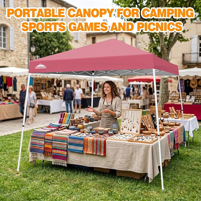 EAGLE PEAK 10x10 Slant Leg Pop-up Canopy Tent Easy One Person Setup Instant Outdoor Beach Canopy Folding Portable Sports Shelter 10x10 Base 8x8 Top (Peach Pink)