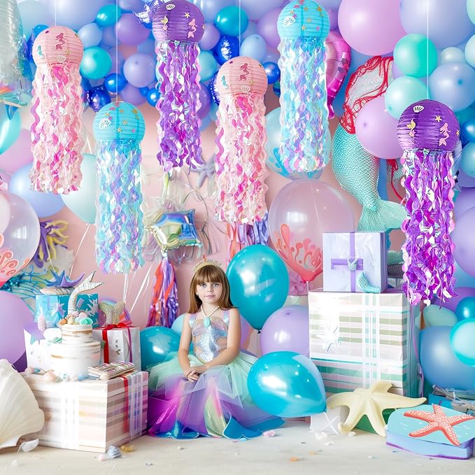 OBXT 12" Colorful Jellyfish Lanterns - Mermaid Birthday Party Decorations, Under the Sea & Ocean Theme Hanging Jellyfish Decor for Classroom, Nautical Events, and Underwater Adventure (Set of 6)