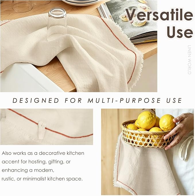 Linen World Dish Towels Set of 4, 20 x 28 Inch Linen Blend Kitchen Towel, Frayed Edge, Embroidered Border, Absorbent Large Tea Towels-Sand Beige