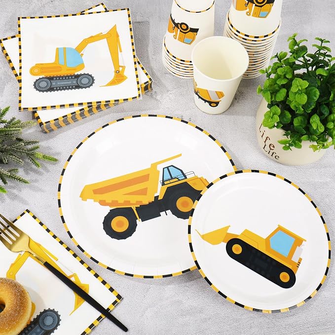 Whaline 192 Pcs Construction Party Tableware Dump Truck Paper Plate Napkin Cup Yellow Black Disposable Dinnerware Set for 48 Guests Birthday Party Table Decor