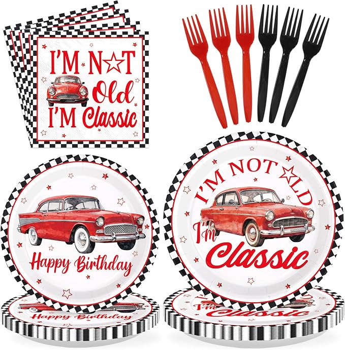 96Pcs Classic Car Birthday Party Decorations I am Not Old I am Classic Birthday Plates and Napkins Sets Vintage Red Car and Star Decorations for Men Vintage Cars Father's Day Party Supplies Serves 24
