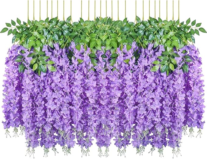 Pauwer Wisteria Hanging Flowers 24 Pack Fake Flower Garland Artificial Wisteria Vines Rattan Silk Flower String Wedding Party Wall Decorations,Purple