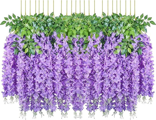 Pauwer Wisteria Hanging Flowers 24 Pack Fake Flower Garland Artificial Wisteria Vines Rattan Silk Flower String Wedding Party Wall Decorations,Purple