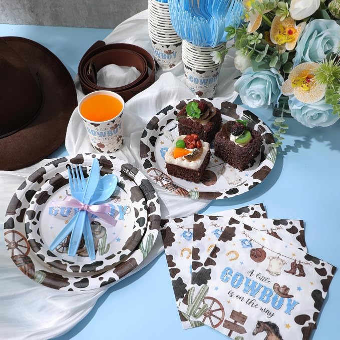 Ziliny 350 Pcs Western Cowboy Baby Shower Party Supplies a Cowboy Is on the Way Baby Shower Paper Plates Napkins Cups Disposable Western Party Tableware Plastic Cutlery Serves 50 Guest
