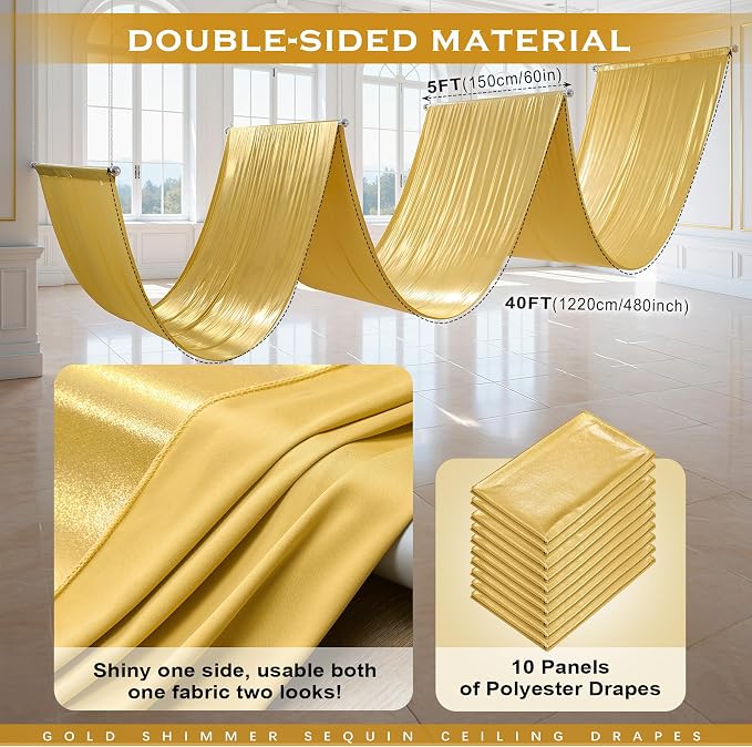 60ftx40ft Gold Ceiling Curtain for Wedding Parties – 12 Panels Wrinkle-Free 40 FT Long Tent Draping Curtains for Wedding, Birthday & Theme Parties, 40ft Height with Rod Pocket
