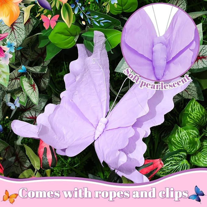 3 Pcs 3D Large Hanging Butterfly Decorations Large Butterfly Birthday Party Decorations 3D Crepe Paper Decoration for Wedding Party Birthday Baby Shower Garden(Purple, Pink, White,7inch,11inch)