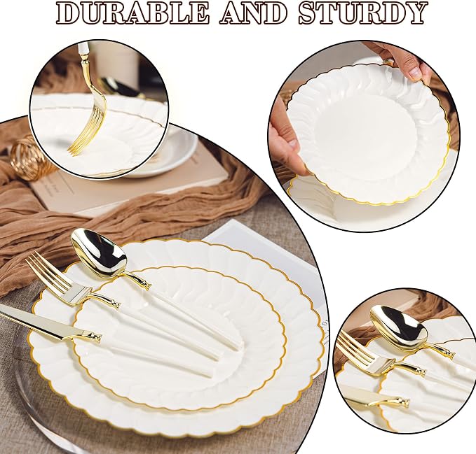HOMIP 150PCS Ivory Plates with Gold Disposable Silverware - Include 60 Scalloped Plastic Plates, 30 Knives, 30 Forks, 30 Spoons Elegant & Lightweight for Weddings, Birthdays, Parties