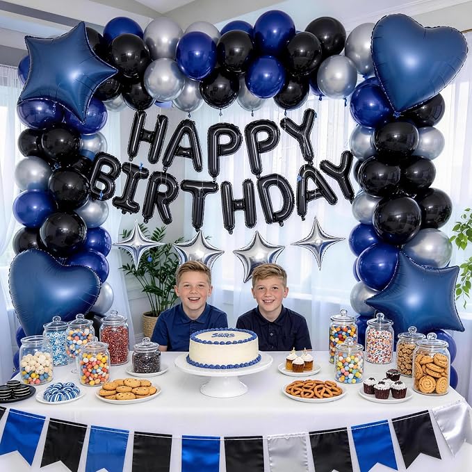 Navy Blue and Black Birthday Decorations for Men Black Pearl Royal Blue Silver Metallic Balloons Confetti Balloon Happy Birthday Banner Heart Balloons 18/10 Inch Star Balloon for Bday Party Supplies