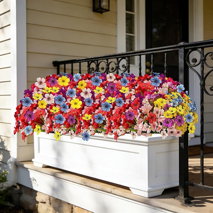 18 Bundles Artificial Flowers for Outdoor Indoor Fake Flowers uv Resistant Artificial Outside Flowers Faux Plastic Greenery for Porch Garden Home Wedding Spring Summer Patio Decor