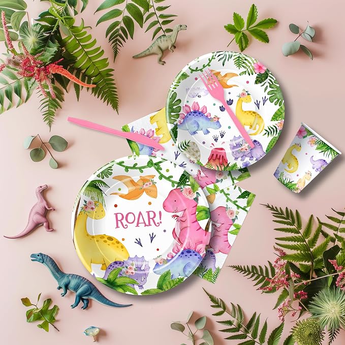 Srua Don Dinosaur Birthday Party Supplies Girl - Pink Dinosaur Party Decorations Tableware for Birthday Baby Shower, Paper Plate, Cup, Napkins, Tablecloth, Cutlery, Banner | Serves 24