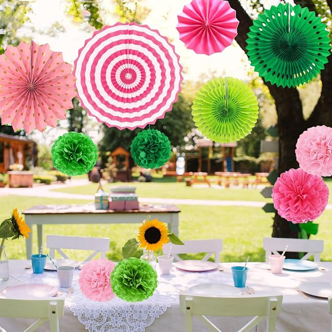 Witch Theme Party Decorations Set Colored Pink and Green Birthday Party Hanging Paper Fan Tissue Pom Poms Streamers Summer Party Supplies Tassel Garland Banner
