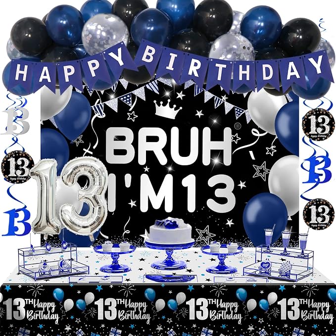 13th Birthday Decorations for Boys & Girls, 54 PCS Blue Black Party Decorations, 13 Year Old Boy Birthday Party Supplie with Banner Backdrop, Hanging Swirls, Tablecloth, Bruh I'm 13 Party Supplies