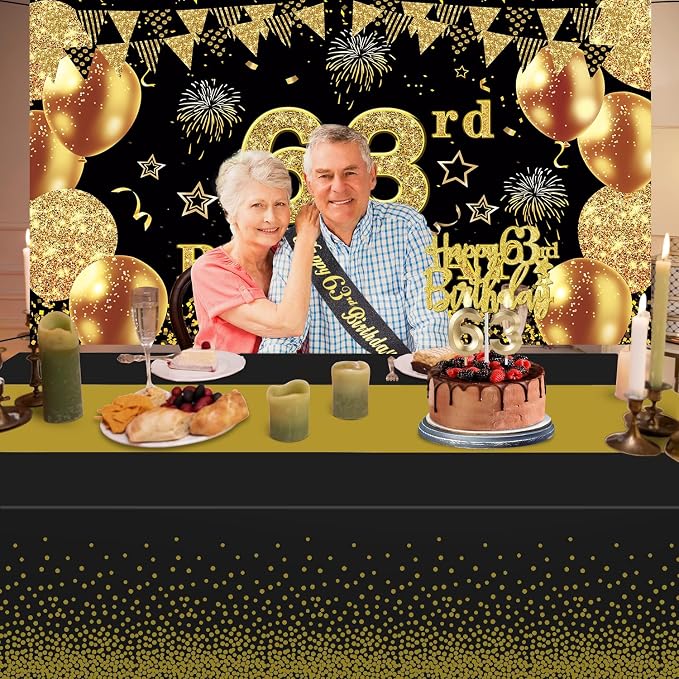 63rd Birthday Decorations Men Women with 63rd Birthday Banner, Black and Gold Table Cloth, Number Balloons, Large Sash, Cake Topper and Candles