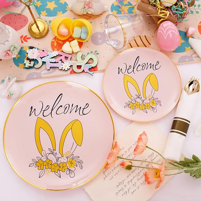 DaYammi 210Pcs Easter Plastic Plates,Pink Gold Party Plates with Bunny Egg Design Include 30 Dinner Plates,30 Dessert Plates,30 Pre Rolled Napkins with Gold Silverware,30 Plastic Cups for Easter Party