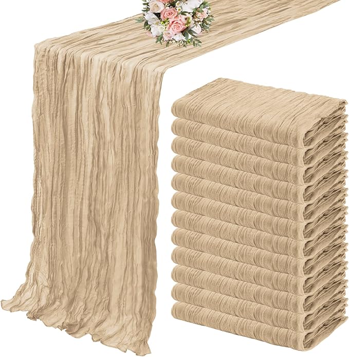 12 Pack Cheesecloth Table Runner 35 x 120 inch Long Boho Cheese Cloth Gauze Table Runners Semi Sheer Table Runner for Wedding Decor, Bridal Shower, Birthday Party (Beige)