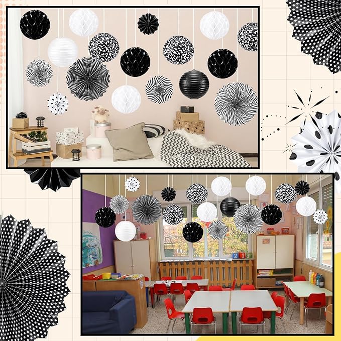 Retisee 18 Pcs Composition Classroom Decoration Kits Black and White Composition Hanging Paper Lanterns Paper Fans Honeycomb Balls Decor for Graduation End of Year School Classroom Supplies