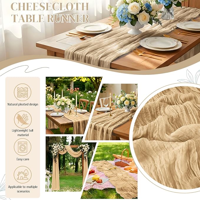 12 Pack Beige Cheesecloth Table Runner 21x120 Inches, Boho Gauze Rustic Semi Sheer Cheese Cloth Table Runners for Easter Spring Wedding Bridal Baby Shower, Birthday Party, Long Farmhouse Table Decor