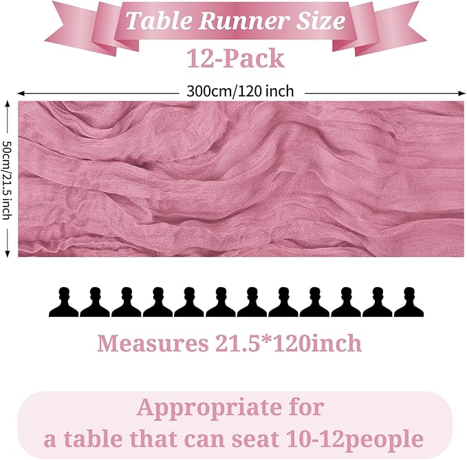 12 Pack Dusty Rose Cheesecloth Table Runner, 10FT Cheesecloth Rustic Boho Table Runner Long Romantic Semi Sheer Table Runner for Wedding Birthday Bridal Shower Party Decorations(21.5×120 Inch)