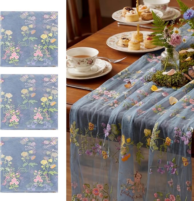Blue Floral Table Runner 10ft Embroidery Tulle Spring Wildflower Table Runner Seasonal Summer Butterfly Kitchen Dining Gauze Decoration for Wedding Baby Bridal Shower Birthday Party (3 Pcs)