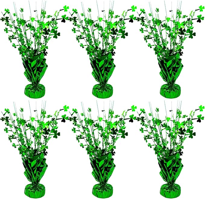 FUBININA 6 PCS St Patrick's Day Decoration Glitter Shamrock Metallic Foil Spray Centerpieces Lucky Clover Green Tabletop Decor for Irish St Patty's Day Birthday Wedding Home Party Supplies