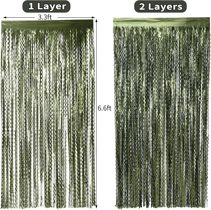 4 Pack Wavy Olive Green Streamers Backdrop Jungle Party Decorations - 3.3x6.6ft Foil Fringe Curtains Photo Booth for Dinosaur Animal St Patrick's Day Football Decor