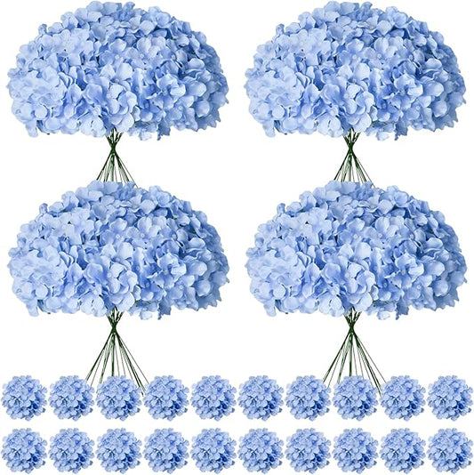 100 Pcs Faux Blue Hydrangea Artificial Flowers Bulk, Fake Silk Hydrangea Flowers Heads with Stems for Wedding Decorations Garden Party Baby Shower Porch Home Decor Table Centerpieces