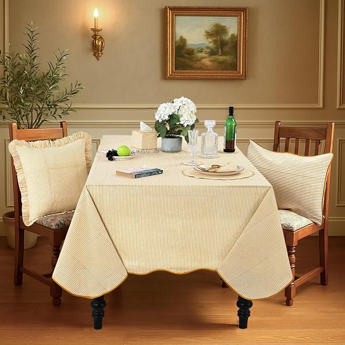Ridhi Warm Saffron Yellow Stripe Block Print 60x60 Square Tablecloth Table Cover for Dining Tables, Handcrafted Farmhouse Kitchen Decor, Washable, Decorative Tablecloths for Spring, Easter, Valentine