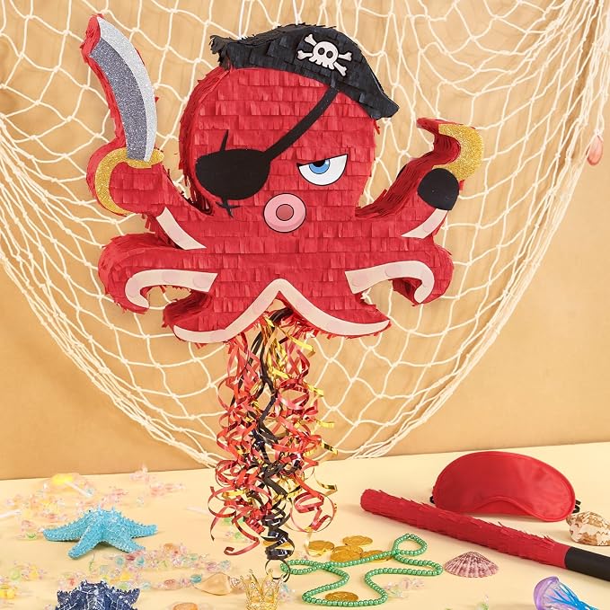 WERNNSAI Pirate Octopus Piñata - Pirate Birthday Decoration Animal Piñata with Blindfold and Stick for Caribbean Party Decoration Men Boys Birthday Anniversary Carnival Celebration Supplies