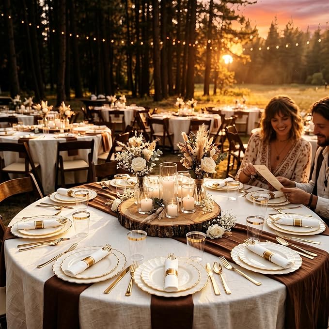 YOUBET 350PCS Ivory Scalloped Plastic Plates - Ivory and Gold Disposable Dinnerware Set Include 100 Plates, 150 Gold Silverware, 50 Cups, 50 Napkins for Wedding & Party