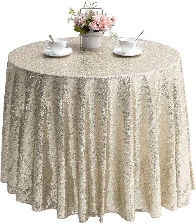 132 Inch Round Champagne Sequin Tablecloth, Metallic Large Glitter Sparkle Table Cloth for Dining Banquet Table, Sequin Table Linen for Wedding Bridal Shower Party Decorations